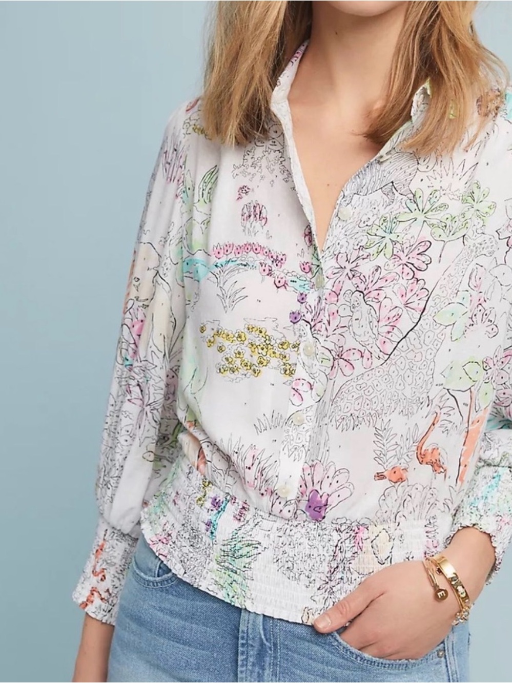 Anthropologie White Button-Down Shirt with Pastel Floral & Animal Sketch Print